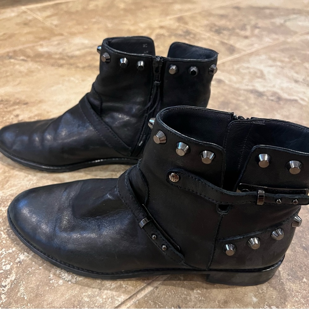 Stuart Weitzman Nappa Leather Silver Studded Moto Boots - Picture 4 of 9